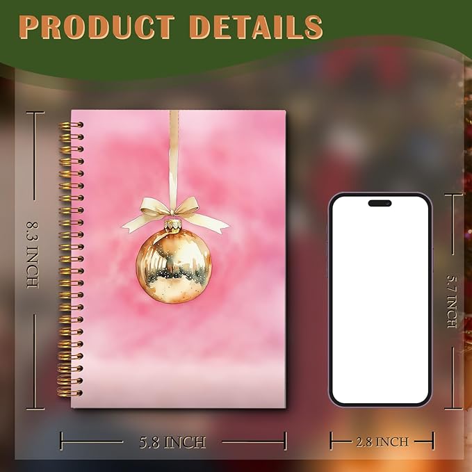 Exqcom Pink and Gold Christmas Ball Spiral Notebook Gifts, Vintage Xmas Ball Holiday Journal for Women, Pink Hardcover Notebook Journal Office School Supplies, 5.5x8.3 Inch