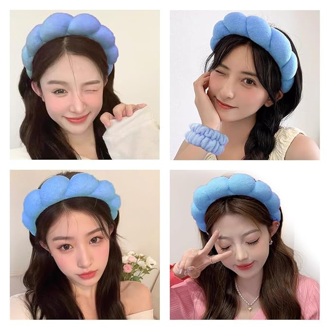 Spa Headbands for Washing Face Wristband Set Sponge Makeup Skincare Headband Wrist Towels Bubble Soft Terry Towel Cloth Hairband for Women Puffy Headwear Non Slip Thick Thin Hair Headwear (Dark blue)