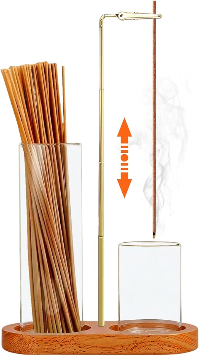 2 in 1 Incense Holder for Sticks(Height Adjustable), Anti-Ash Flying Insence-Sticks Burner with Glass Incense Holder Organizer for Meditation Yoga Spa Home Decor Sage (Golden Metal Rod)