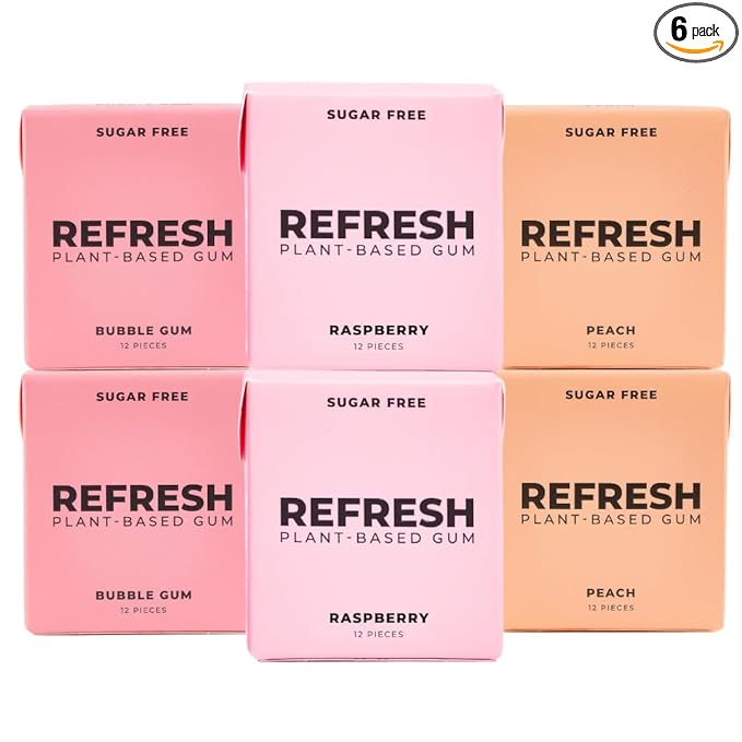 Refresh Gum, Xylitol, Natural, Sugar Free, Chewing Gum, Plastic Free, Natural Flavors & Organic Ingredients, Non GMO, Gluten Free, Vegan, 12 Count (Pack of 6), Fruit Variety Pack