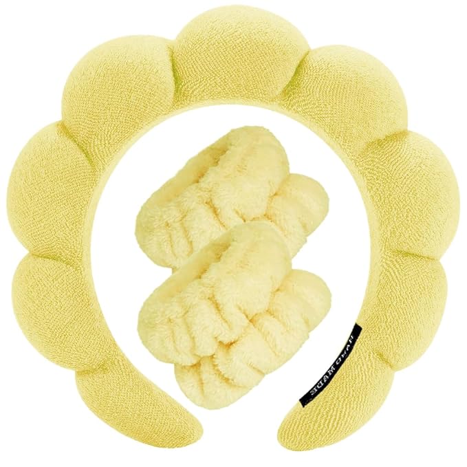 Spa Headbands for Washing Face Wristband Set Sponge Makeup Skincare Headband Wrist Towels Bubble Soft Terry Towel Cloth Hairband for Women Puffy Headwear Non Slip Thick Thin Hair Headwear (Yellow)