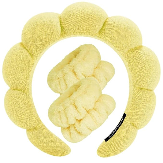 Spa Headbands for Washing Face Wristband Set Sponge Makeup Skincare Headband Wrist Towels Bubble Soft Terry Towel Cloth Hairband for Women Puffy Headwear Non Slip Thick Thin Hair Headwear (Yellow)