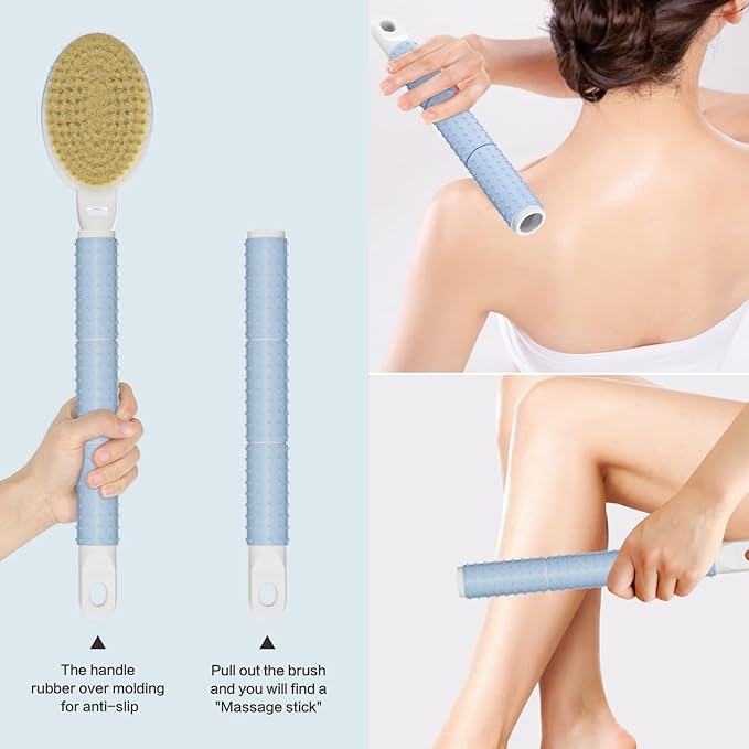 Shower Brush with Soft and Stiff Bristles,16"-24" Long Adjustable Telescopic Massage Handle,Dual-Sided Back Scrubber Bath Brush Body Exfoliator for Wet or Dry Brushing