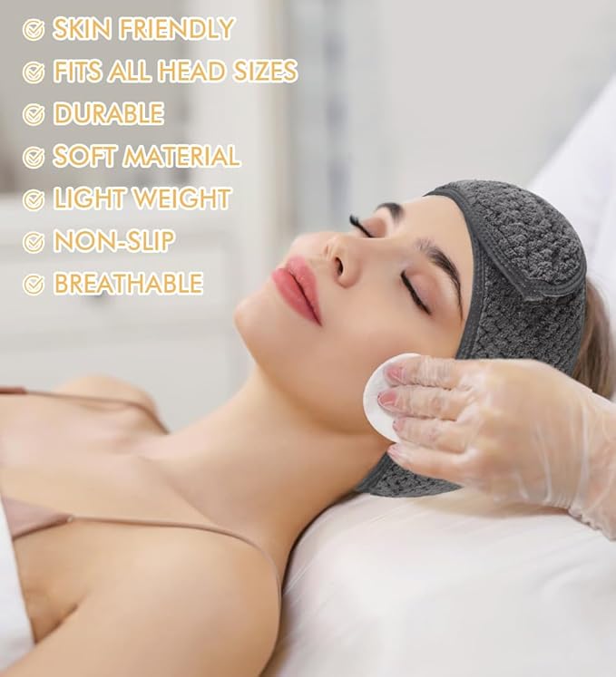 SINLAND Spa Headband for Women Ultra Soft Adjustable Makeup Hair Band with Magic Tape, Stretch Head Wrap for Bath, Shower, Facial Mask, Yoga