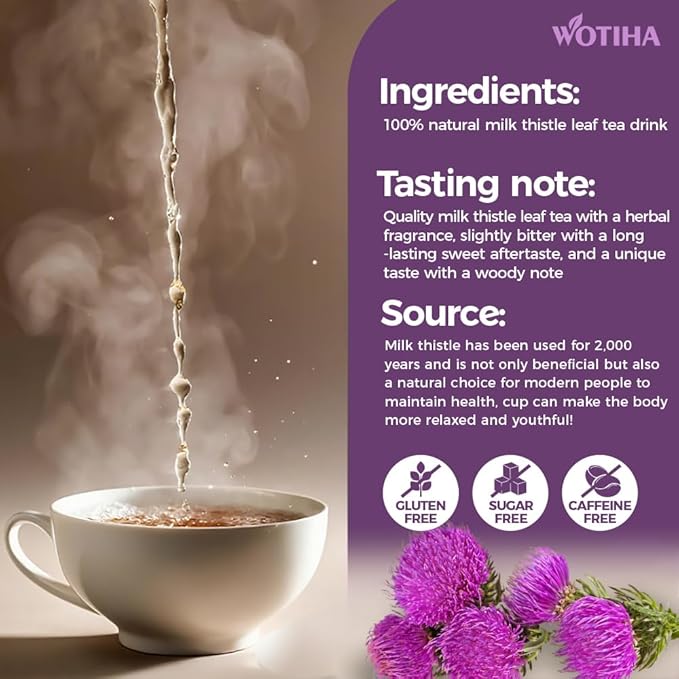 WOTIHA-Natural Milk Thistle Leaf Tea 180g.60 Herbal Tea Bags. for Liver Support .Detox Tea.Non-GMO • Additive-Free • Caffeine-Free