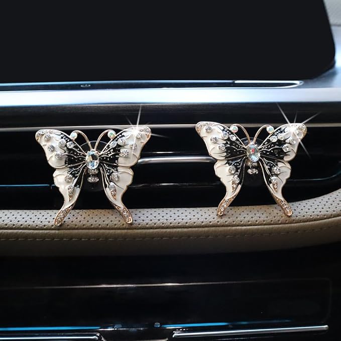 2pcs Black Butterfly Car Air Freshener Vent Clips Bling Car Accessories for Women Refillable Scents Diffusers