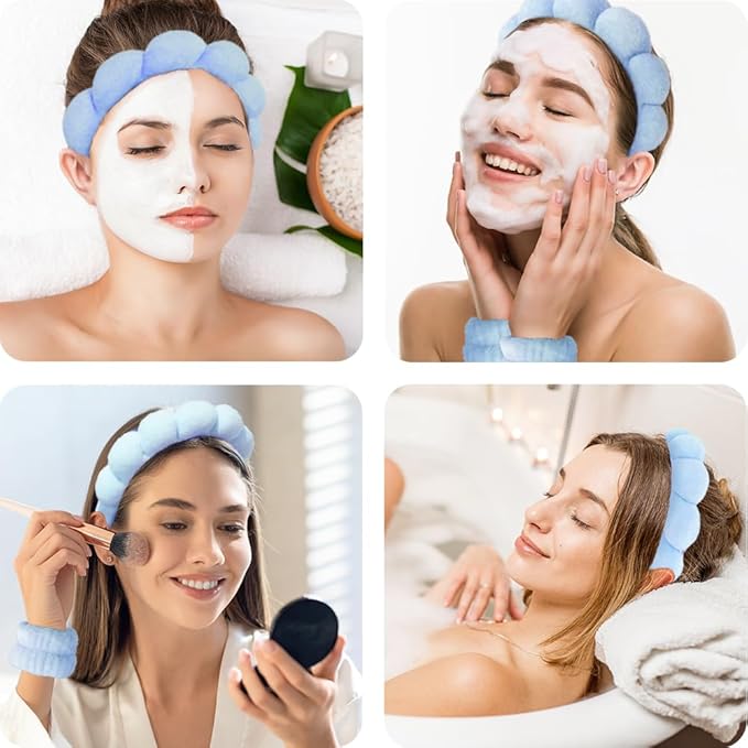 Spa Headbands for Washing Face Wristband Set Sponge Makeup Skincare Headband Wrist Towels Bubble Soft Terry Towel Cloth Hairband for Women Puffy Headwear Non Slip Thick Thin Hair Headwear (Blue)