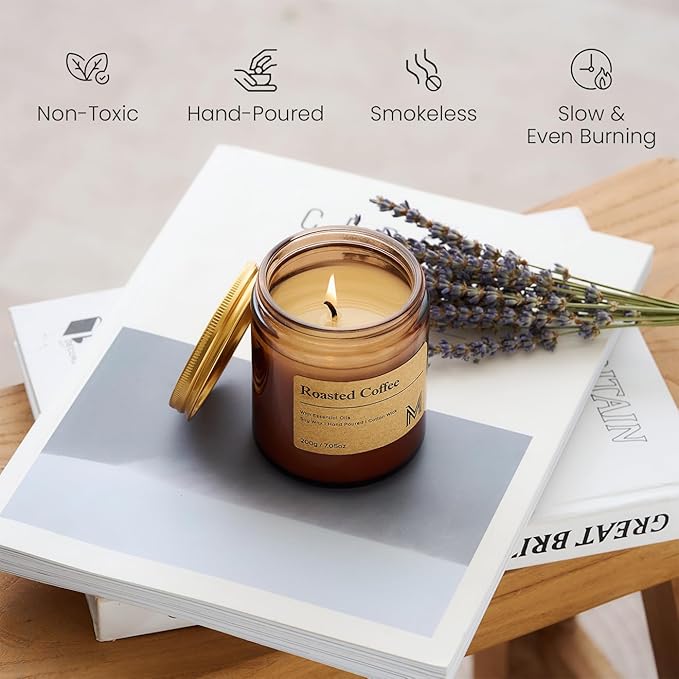 M&SENSE Roasted Coffee Candles for Home Scented Aromatherapy Candle Gift Set for Women and Men,7.05oz Soy Wax Long Lasting Amber Jar Candles Gift for Birthday Housewarming Mother's Valentine Day