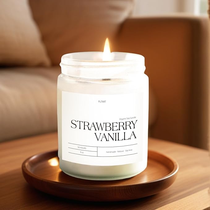 Strawberry Vanilla Highly Scented Candle for Home, 9oz Natural Soy Aromatherapy Non Toxic Candles with Essential Oil, Home Fragrance Stress Relief & Meditation Jar Candles Gifts for Women & Men