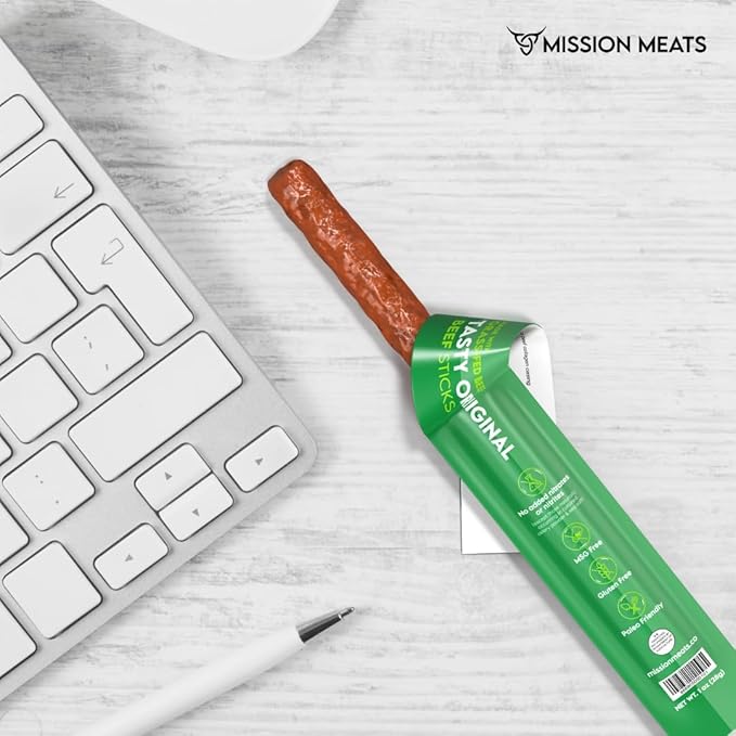 Mission Meats Beef Sticks – 100% Grass Fed & Pasture Raised, Zero Sugar, Gluten Free, Individually Wrapped Healthy Snacks, Whole 30 & Paleo Friendly, Original 1oz (Pack of 24)