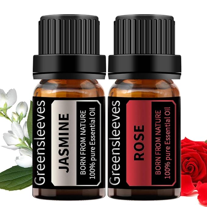 GREENSLEEVES Rose Jasmine Essential Oil Set, 2 x 10ml Pure Plant-Based Fragrance Oil for Aromatherapy, Essential Oils for Diffuser, Massage, Bath Bomb, Scented Candle Soap Making