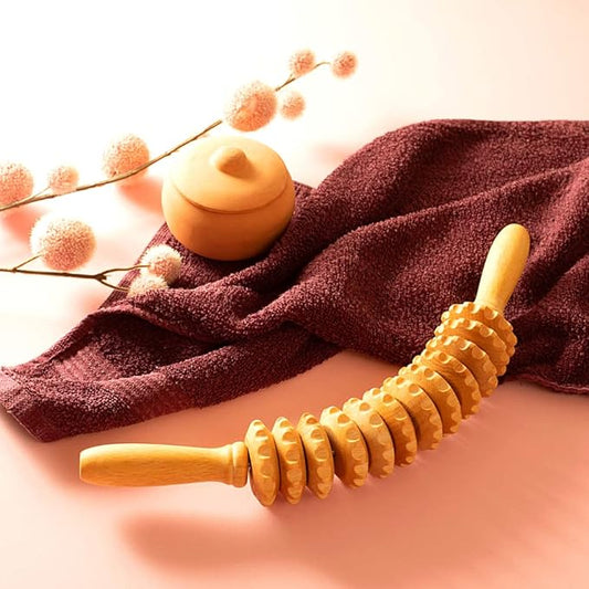 Wooden Curved Massage Stick Roller - 15.6 inch Wood Roller Massager for Body, Waist, Thigh, Belly, Legs Muscle - Manual Self Therapy, Anti Cellulite Lymphatic Drainage Massage Tools