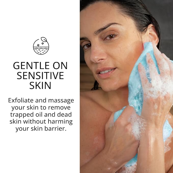 Exfoliating Washcloth Face & Body Scrub Towel - Japanese Exfoliating Towel with Hexagon Fibers, Body Scrubber with 2 Sides for Scrubbing & Washing, Extra Long Body Towel (Blue)