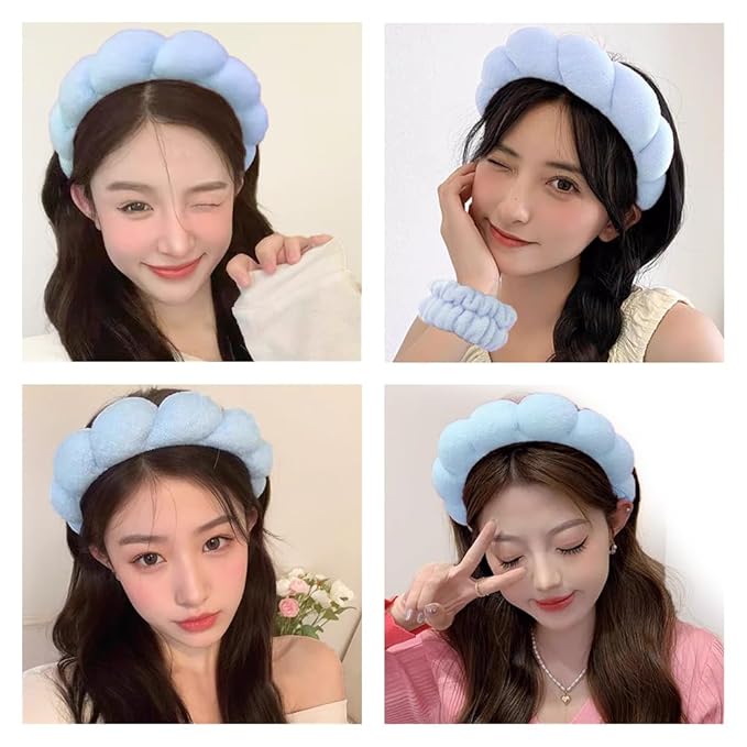 Spa Headbands for Washing Face Wristband Set Sponge Makeup Skincare Headband Wrist Towels Bubble Soft Terry Towel Cloth Hairband for Women Puffy Headwear Non Slip Thick Thin Hair Headwear (Blue)