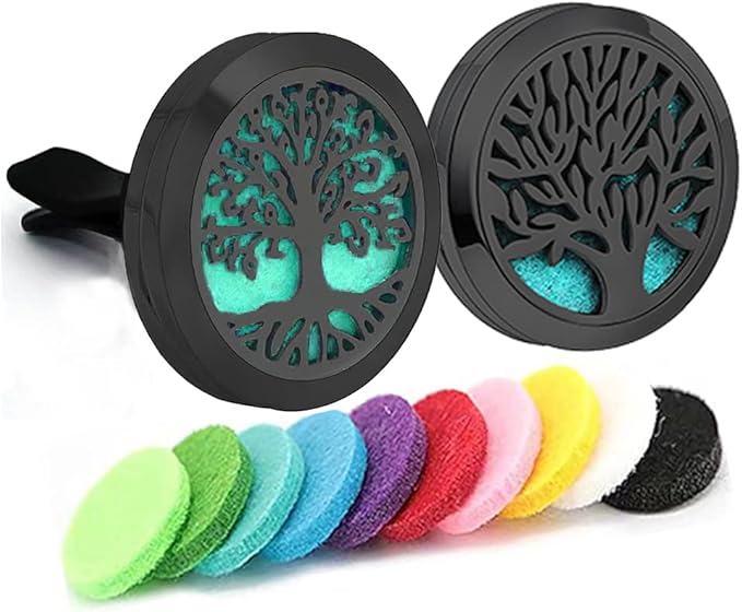 2Psc Black Car Aromatherapy Essential Oil Diffuser Locket Tree of Life Pattern Stainless Steel Car Air Fresheners Vent Clips Decorative