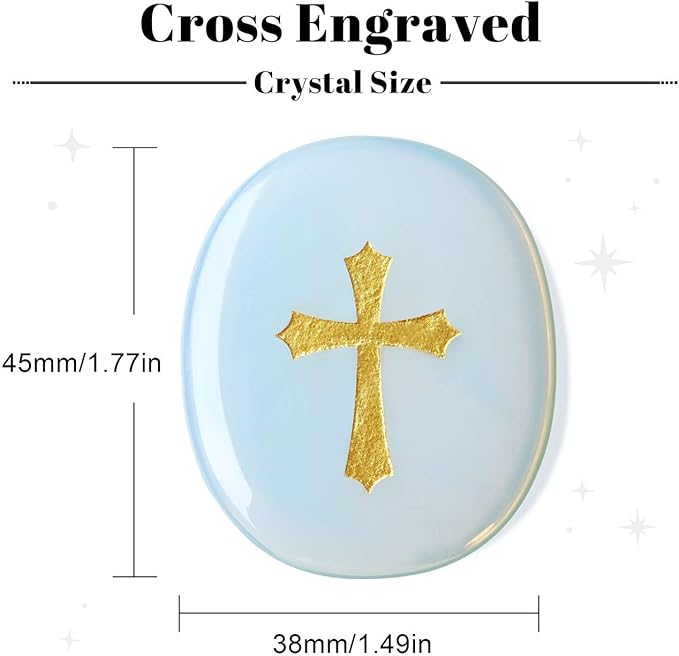 LAIDANLA Opalite Cross Engraved Healing Crystal Worry Stones for Pray Faith Anxiety Relief Oval Palm Stone Polished Natural Crystal Gifts