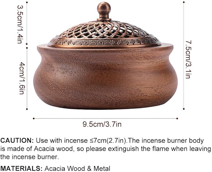 Round Wooden Incense Burner & Holder - 4" Handcrafted Natural Wood Censer with Alloy Lid, Heat-Resistant Tray for Sticks, Cones, Sage, Frankincense (Meditation, Yoga, Home Decor)