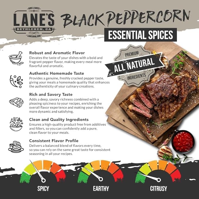 Lane's Whole Black Peppercorns, 8 Oz, All-Natural Whole Peppercorns for Grinder Refill, Black Pepper Corns Spice Seasoning, Made in USA