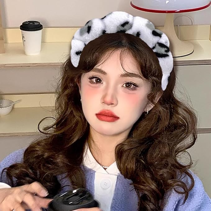 Spa Headbands for Washing Face or Makeup, Sponge Bubble Skincare Headbands, Puffy Terry Cloth Hairband for Women, Skin Care Makeup Headwear Hair Accessories for Girls(Leopard White)