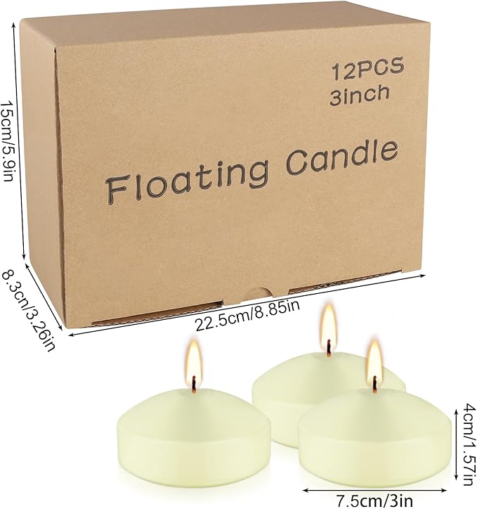 12-Pack 3" Ivory Premium Floating Candles – Long-Lasting, Smokeless – Perfect for Weddings, Pool Parties, Spa Ambiance & Decor