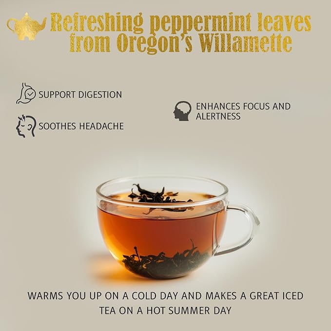 Willamette Peppermint Tea, Organic Loose Leaf Mint Herbal Tea – Soothing, Caffeine-Free – Refreshing Hot or Iced – 4 oz Resealable Bag (Makes 50 Cups) – The Elegant Elephant