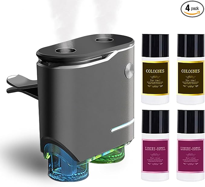 Smart Car Air Fresheners with Dual-Channel Diffuser & 4pcs Essential Oils, Automotive Scent Dispenser Rechargeable Aromatherapy Diffuser Vent Clip for Cars, 3 Adjustable Modes, Long-Lasting Fragrance