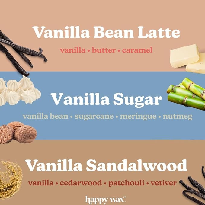 Happy Wax Vanilla Lovers Scented Natural Soy Wax Melts – 6 Oz Total - Includes: VanillaBeanLatte, VanillaSugar and VanillaSandalwood