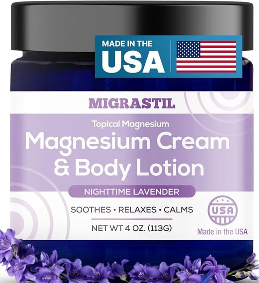 MIGRASTIL Nighttime Lavender Magnesium Cream & Non-Greasy Body Lotion. Extra Strength 250mg Magnesium Chloride for Muscle Relief, Leg Cramps, Relaxation and Sweet Sleep. Vegan, Made in the USA.