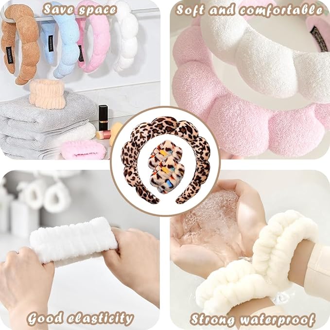 Spa Headbands for Washing Face Wristband Set Sponge Makeup Skincare Headband Wrist Towels Bubble Soft Terry Towel Cloth Hairband for Women Puffy Headwear Non Slip Thick Thin Hair Headwear (Leopard)