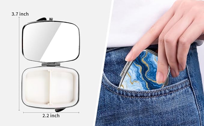 Dynippy Pill Case Pill Box with Mirror Retro Pocket 2 Compartment Medicine Case Vitamin Pill Organizer for Pocket Purse and Travel (Silver-Blue Gold Marble)