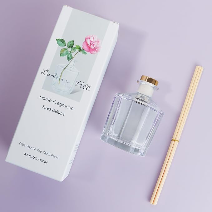 L'odeur Vill Reed Diffuser, 8.5 Oz(250ml) Lavender Geranium Bathroom Diffuser with 10 Sticks, Scented Diffuser Home Fragrance Essential Oil Reed Diffuser Set for Home Large Rooms Bathroom Shelf Decor