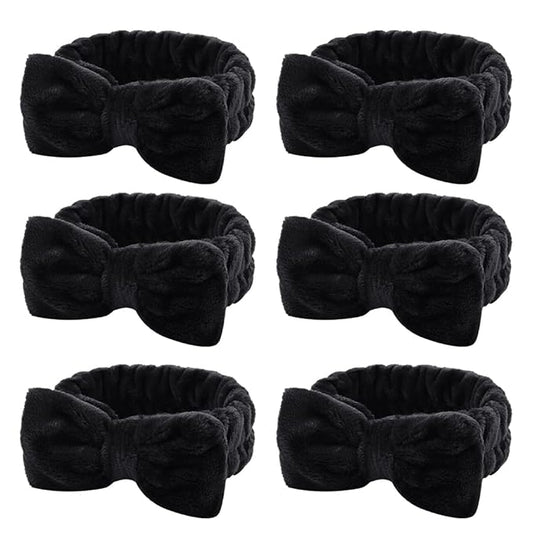 WHAVEL 6 Pack Spa Headbands - Black Microfiber Bowtie & Soft Bowknot Fluffy Elastic Hair Bands - Cosmetic Coral Fleece Shower Headbands