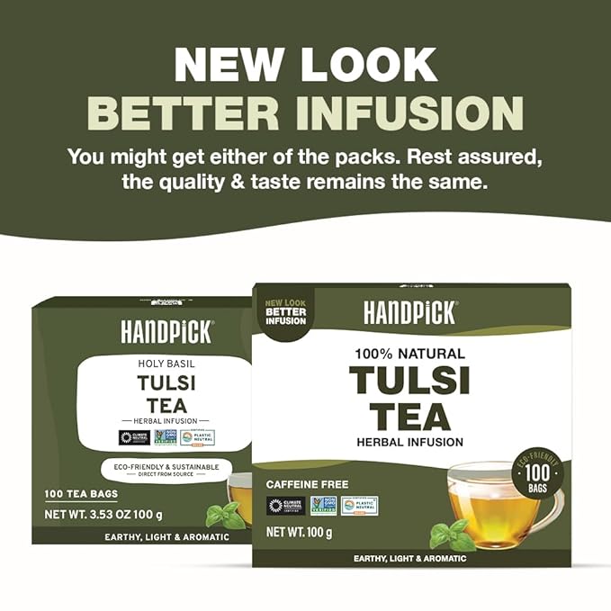 HANDPICK Original Tulsi Tea (100 count) Holy Basil Calming and Stress Relief Tea, Immune Support | Non-GMO, Caffeine-Free Herbal Tea | Ecofriendly Round Tea Bags