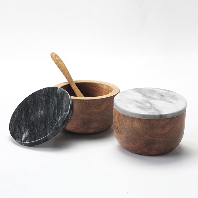 Large Wood Salt Box Salt cellar with Spoon Spice Salt Container salt holder Solid Natural Acacia Base White Grey Marble Lid Decorative Box Bowl Big Capacity Salt Cellar Spice Cellar