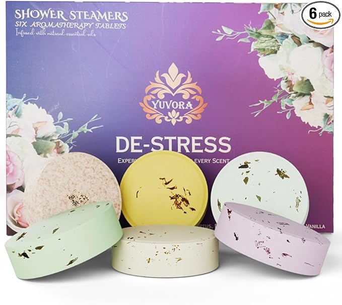 Shower Steamers Gift Set – 6 Aromatherapy Shower Bombs with Essential Oils – Relaxation & Stress Relief Spa Gift for Women & Men – Natural Self-Care Shower Fizzies – Home Spa Kit – De-Stress Scents