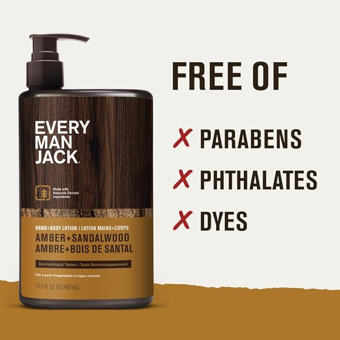 Every Man Jack Mens Amber + Sandalwood Hand & Body Lotion for All Skin Types - Dermatologist Tested & Hypoallergenic - Nourish Skin with Lightweight Fast Absorbing Lotion - 13.5oz 2 Bottles