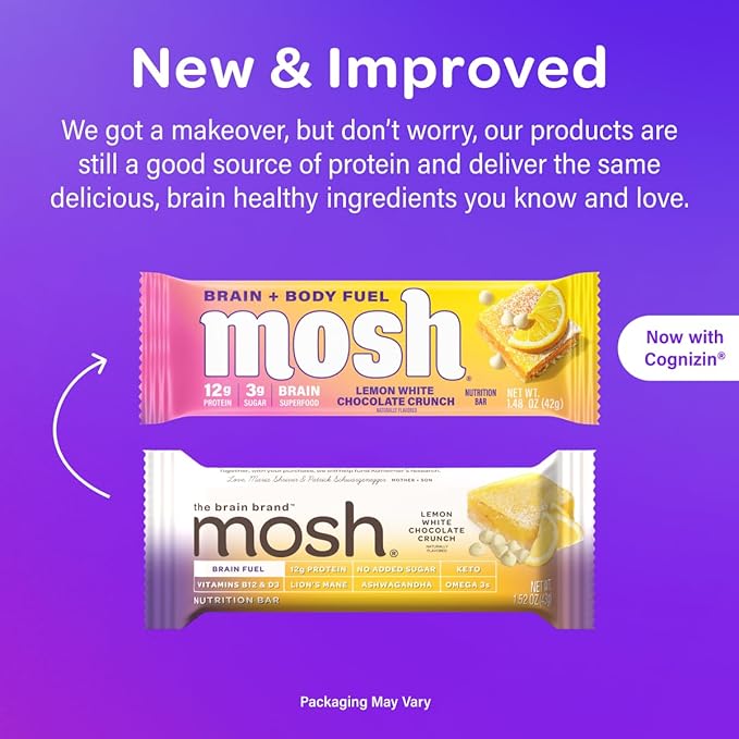MOSH Variety Pack Keto Protein Bars, High Fiber, Low Carb, Gluten Free, High Protein, Brain Healthy Snack with Ashwagandha, Lion's Mane, 15 Count