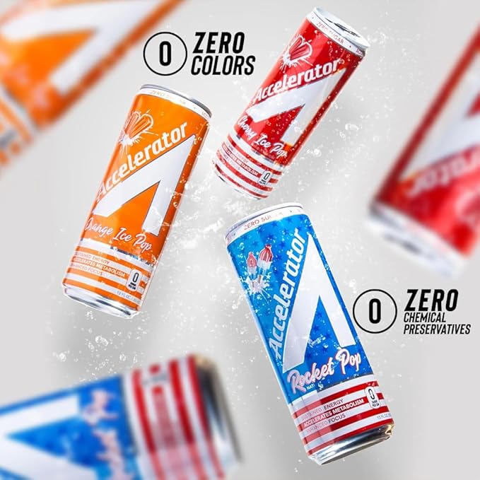Accelerator Energy Drink Sugar Free, Rocket Pop 12oz can(12 pack)Zero Sugar Energy Drinks with Sustained Energy from 100% Natural Caffeine (200mg) & Green Tea extract