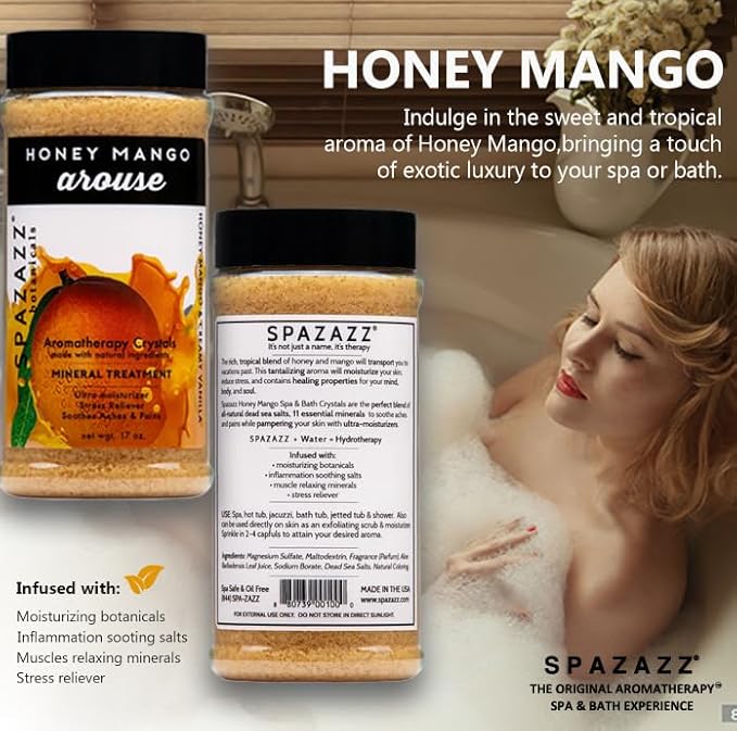 Spazazz Hot Tub Aromatherapy Bath Salt Crystals 3-Pack Bundle - Eucalyptus Mint Stimulate - Tropical Rain Revitalize - Honey Mango Arouse - Botanicals Collection Scents for Relaxing in Spas (17 oz)