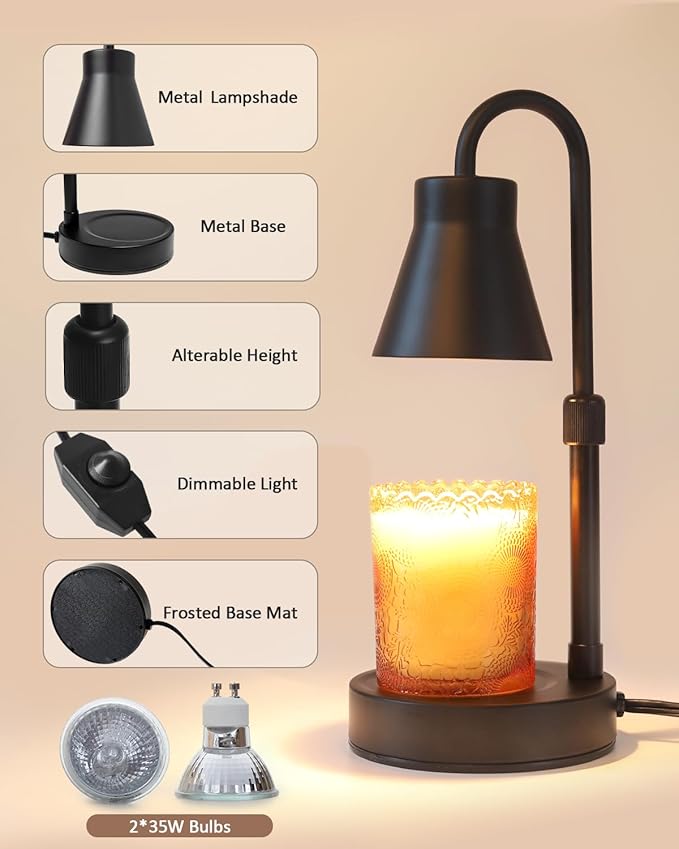 2 Pack Candle Warmer Lamp - Adjustable Height Candle Lamp Warmer, Stepless Dimming Function, Metal Candle Lamp for Jar Candles, No Flame Scented Candle Warmer with 2 Bulbs, Gifts for Mom