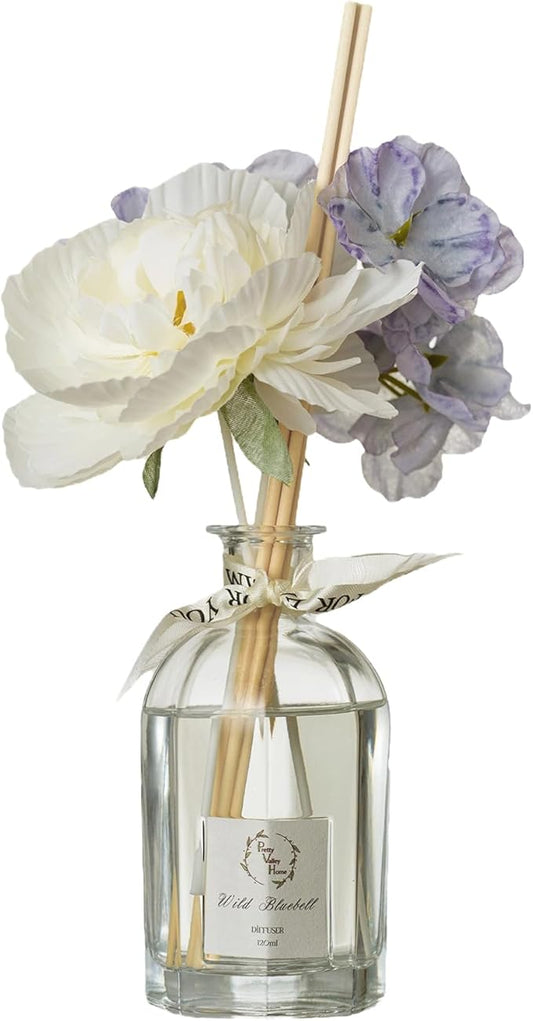 Reed Diffuser Set, Pretty Valley Home Dried Flowers Diffuser 120Ml / 4.05 fl OZ Gift Box - Includes Sticks, Long Lasting Fragrance Oil and Glass Bottle for Office Living Room Decor (Wild Bluebell)