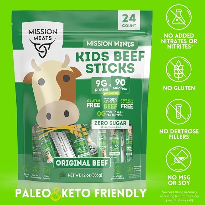 Mission Meats Kids Beef Sticks – 100% Grass Fed & Pasture Raised, Healthy Snacks for Kids, Sugar Free Protein, Gluten & Nut Free, Individually Wrapped, Mini 0.5oz (24ct Bag)
