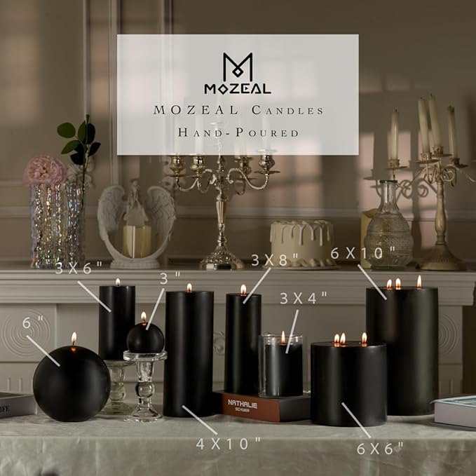 MOZEAL 3" x 4" Hand-Poured Unscented Candle,Dripless Pillar Candle Set of 3,Long Clean Burning,Approx 72 Hours Burn Time,Rustic Country Style,Wedding,Dinner,Christmas and Home Decor,Black