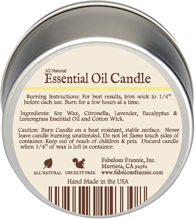 Fabulous Frannie Bug Away Travel Tin All Natural Soy Candle Made with Pure Essential Oils Lemongrass Citronella 6oz