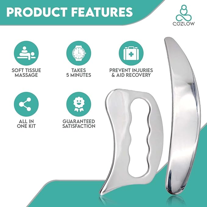 COZLOW 2-in-1 Muscle Scraper Tool Set - Skin Scraping Massage Tools for IASTM Therapy - Deep Tissue Gua Sha for Soft Tissue Mobilization, Fascia & Myofascial Release - Stainless Steel Metal Blades