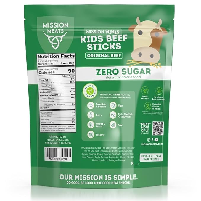 Mission Meats Kids Beef Sticks – 100% Grass Fed & Pasture Raised, Healthy Snacks for Kids, Sugar Free Protein, Gluten & Nut Free, Individually Wrapped, Mini 0.5oz (24ct Bag)