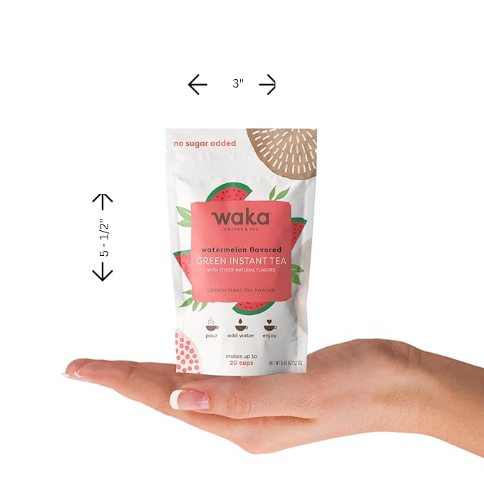 Waka Instant Green Tea Mix, Watermelon Flavored - 100% Tea Leaves, No Additives, Unsweetened Sample/Travel Size Tea Powder - Easy Quick Hot and Iced Teas, Up to 20 Cups or 5 Quarts (.45oz)