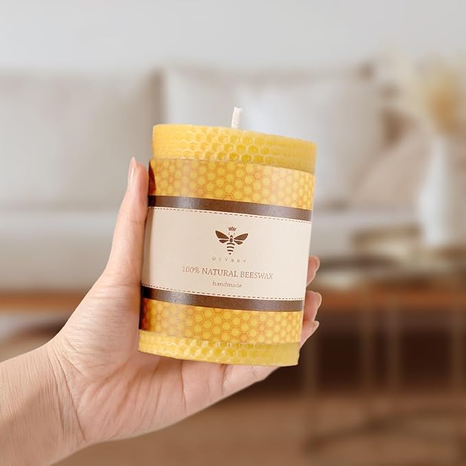 DEYBBY 3×4 in Beeswax Pillar Candle - Handmade Pure Beeswax Rolled Candle for Gift & Home Decor