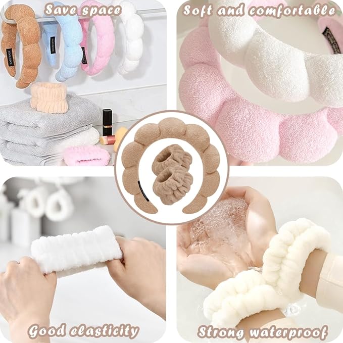 Spa Headbands for Washing Face Wristband Set Sponge Makeup Skincare Headband Wrist Towels Bubble Soft Terry Towel Cloth Hairband for Women Puffy Headwear Non Slip Thick Thin Hair Headwear (Coffee)