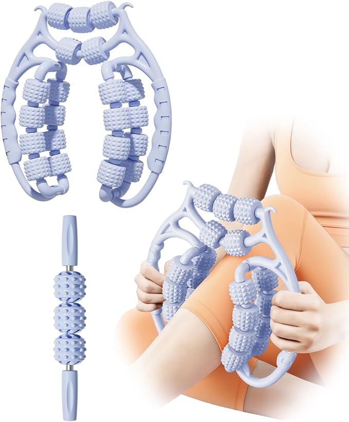 Massage Roller for Legs,21 Wheel Circular Leg Clamp+3 Wheel Massage Roller Stick Lymphatic Massage for Relieve Soreness Stiffness Tight Muscles Deep Tissue-Blue